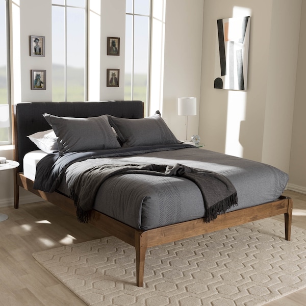 Baxton Studio Clifford Dark Grey and Wood Finish Queen Size Platform Bed - 135-7382