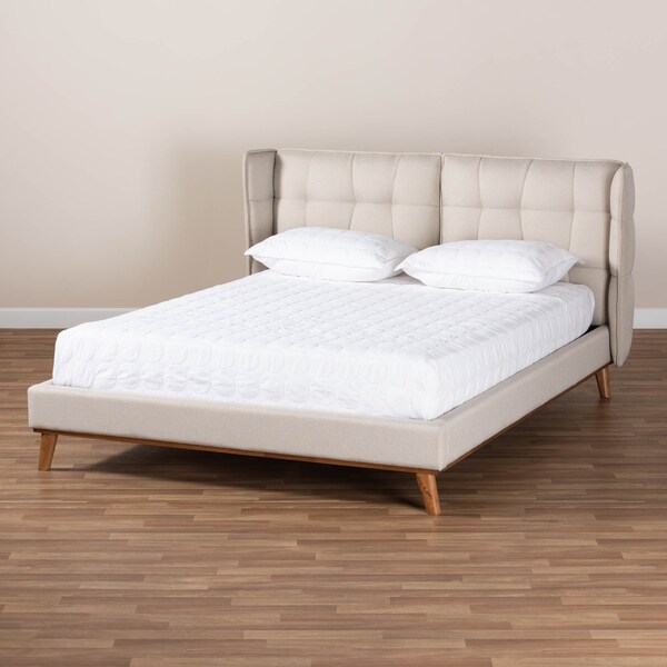 Baxton Studio Gretchen Beige Upholstered and Walnut Wood King Size Platform Bed - 164-10661