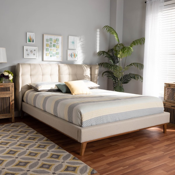 Baxton Studio Gretchen Beige Upholstered and Walnut Wood King Size Platform Bed - 164-10661