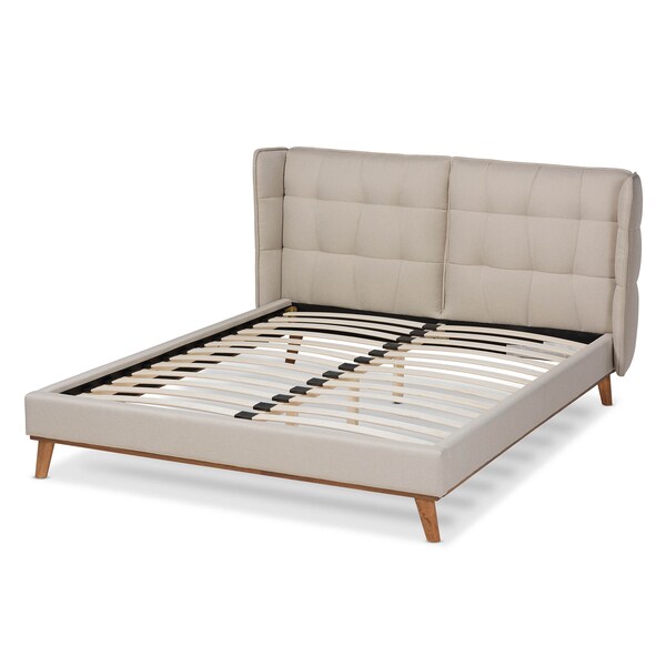 Baxton Studio Gretchen Beige Upholstered and Walnut Wood King Size Platform Bed - 164-10661