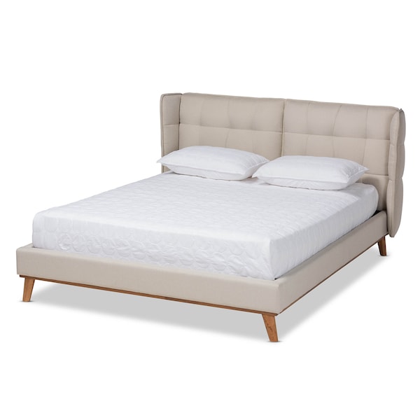 Baxton Studio Gretchen Beige Upholstered and Walnut Wood King Size Platform Bed - 164-10661