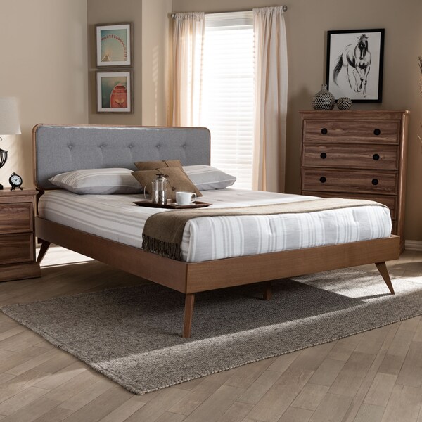 Baxton Studio Dilara Light Grey Upholstered Walnut Finished Full Size Platform Bed - 156-9407-9440