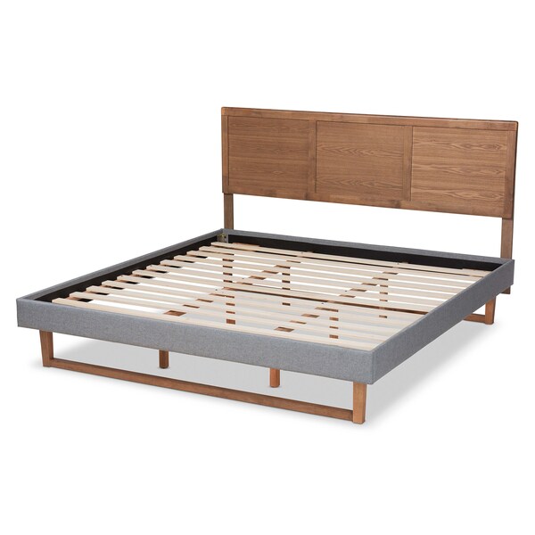 Baxton Studio Allegra Grey Upholstered and Walnut Wood King Size Platform Bed - 164-9415-9421