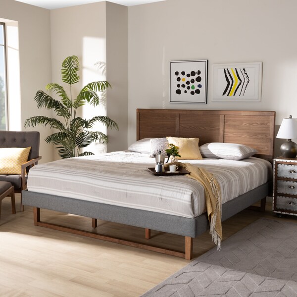 Baxton Studio Allegra Grey Upholstered and Walnut Wood King Size Platform Bed - 164-9415-9421