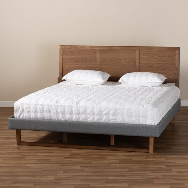 Baxton Studio Allegra Grey Upholstered and Walnut Wood King Size Platform Bed - 164-9415-9421