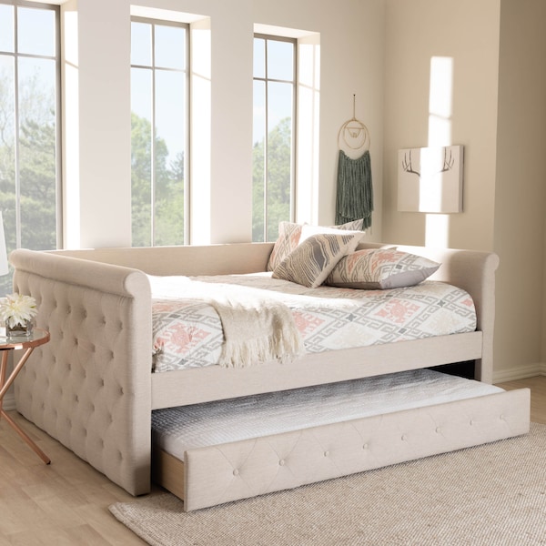 Baxton Studio Alena Light Beige Upholstered Queen Size Daybed with Trundle - 147-8729