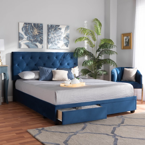 Baxton Studio Caronia Navy Blue Velvet 2-Drawer King Size Platform Storage Bed - 161-10215