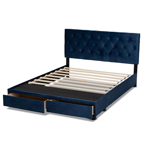 Baxton Studio Caronia Navy Blue Velvet 2-Drawer King Size Platform Storage Bed - 161-10215