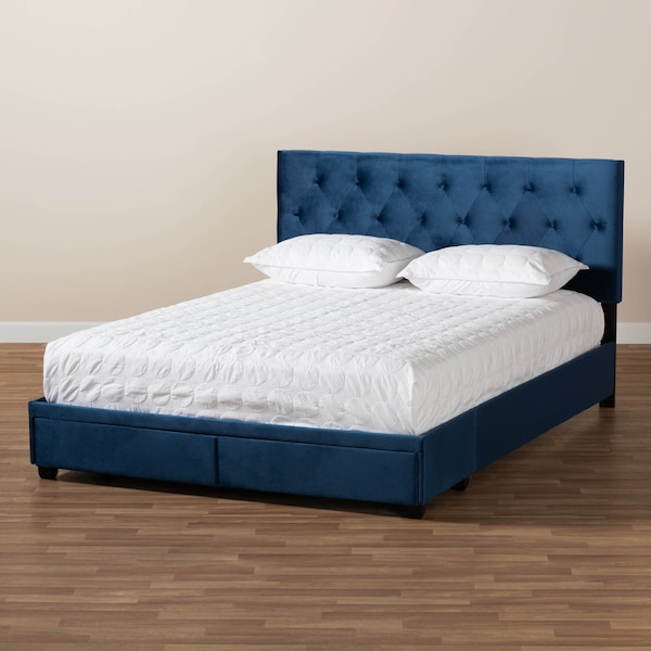 Baxton Studio Caronia Navy Blue Velvet 2-Drawer King Size Platform Storage Bed - 161-10215
