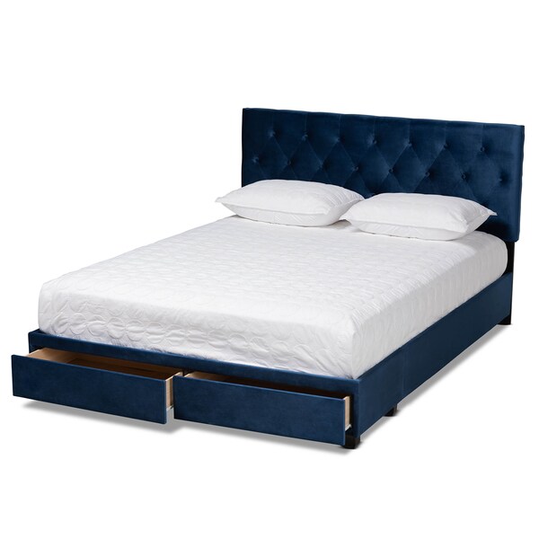 Baxton Studio Caronia Navy Blue Velvet 2-Drawer King Size Platform Storage Bed - 161-10215