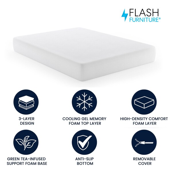Flash Furniture Cloud Green Tea Cooling Gel 3-Layer Memory Foam 10in. Queen Mattress in a Box, Washable Cover - CL-MFB3L-10-Q-GG