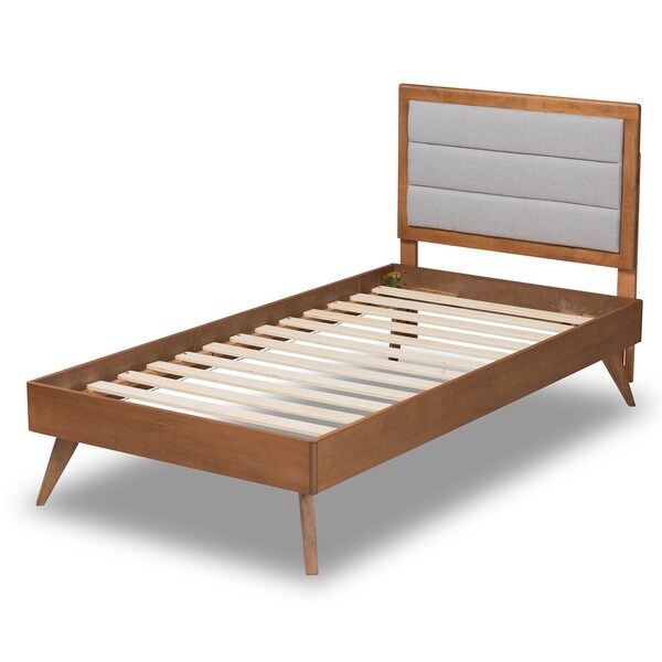 Baxton Studio Linn Mid-Century Light Grey Fabric Upholstered and Walnut Brown Finished Wood Platform Bed-Twin - 191-11530-11159-ZORO
