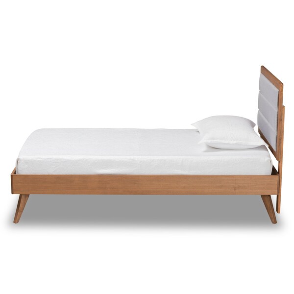 Baxton Studio Linn Mid-Century Light Grey Fabric Upholstered and Walnut Brown Finished Wood Platform Bed-Twin - 191-11530-11159-ZORO