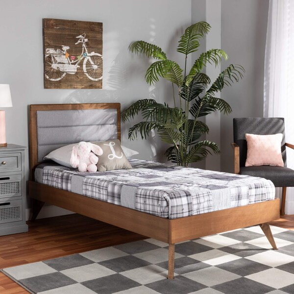 Baxton Studio Linn Mid-Century Light Grey Fabric Upholstered and Walnut Brown Finished Wood Platform Bed-Twin - 191-11530-11159-ZORO