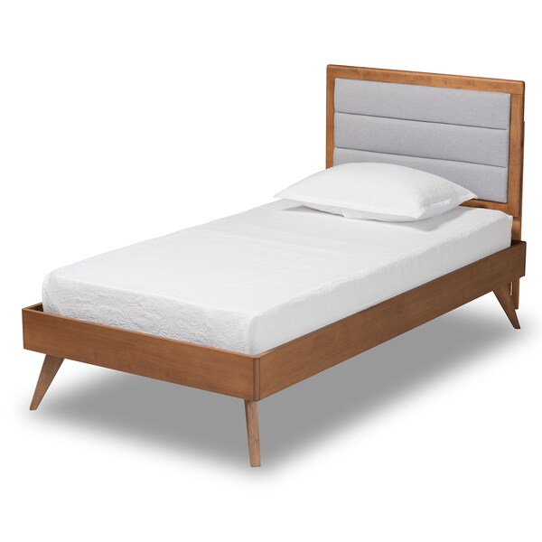 Baxton Studio Linn Mid-Century Light Grey Fabric Upholstered and Walnut Brown Finished Wood Platform Bed-Twin - 191-11530-11159-ZORO