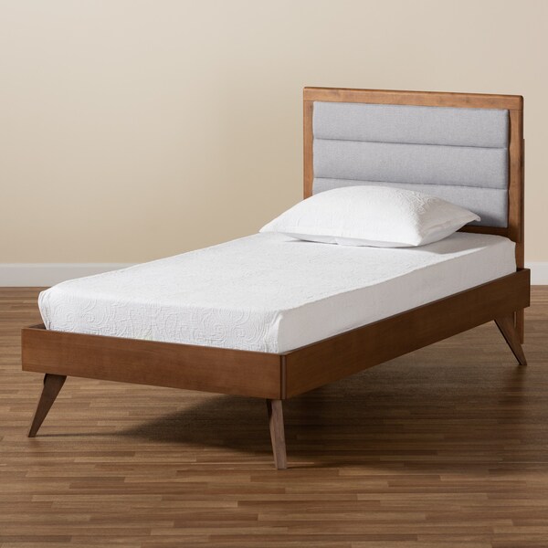 Baxton Studio Linn Mid-Century Light Grey Fabric Upholstered and Walnut Brown Finished Wood Platform Bed-Twin - 191-11530-11159-ZORO