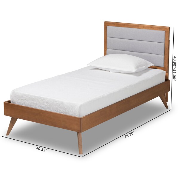 Baxton Studio Linn Mid-Century Light Grey Fabric Upholstered and Walnut Brown Finished Wood Platform Bed-Twin - 191-11530-11159-ZORO