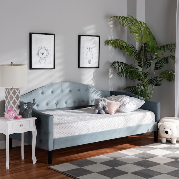 Baxton Studio Benjamin ModernLight Blue Velvet Upholstered and Dark Brown Finished Wood Twin Size Daybed - 200-12559-ZORO