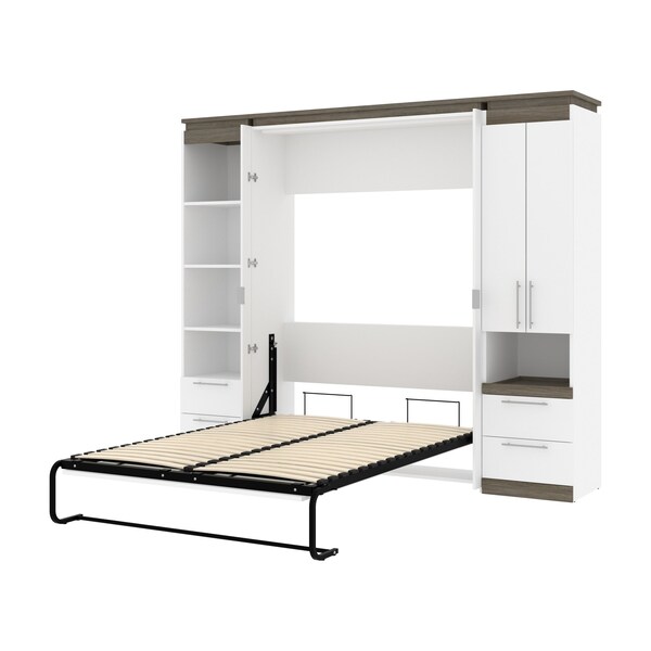 Bestar Orion 98W Full Murphy Bed and Narrow Storage Solutions with Drawers (99W), White & Walnut Grey - 116862-000017