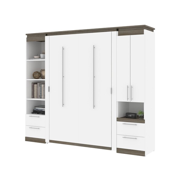 Bestar Orion 98W Full Murphy Bed and Narrow Storage Solutions with Drawers (99W), White & Walnut Grey - 116862-000017