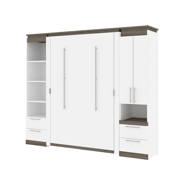 Bestar Orion 98W Full Murphy Bed and Narrow Storage Solutions with Drawers (99W), White & Walnut Grey - 116862-000017