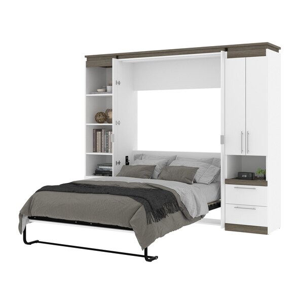 Bestar Orion 98W Full Murphy Bed and Narrow Storage Solutions with Drawers (99W), White & Walnut Grey - 116862-000017