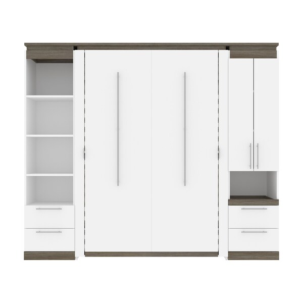 Bestar Orion 98W Full Murphy Bed and Narrow Storage Solutions with Drawers (99W), White & Walnut Grey - 116862-000017