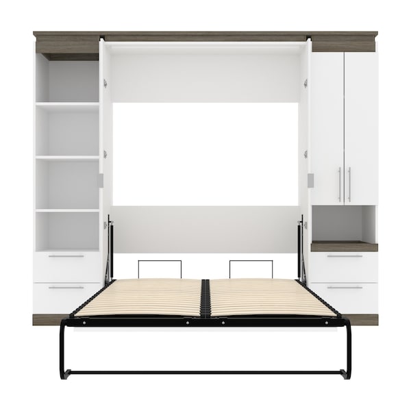 Bestar Orion 98W Full Murphy Bed and Narrow Storage Solutions with Drawers (99W), White & Walnut Grey - 116862-000017