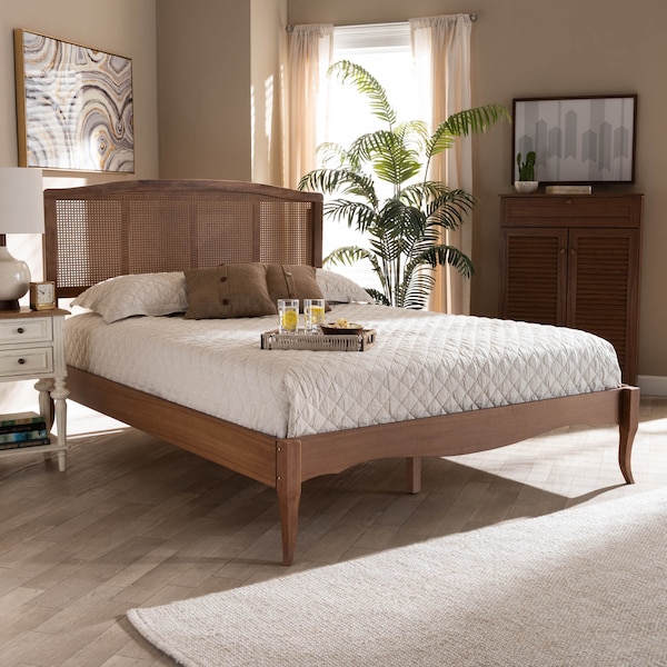 Baxton Studio Marieke Ash Walnut Finished and Rattan Full Size Platform Bed - 159-9806-9807