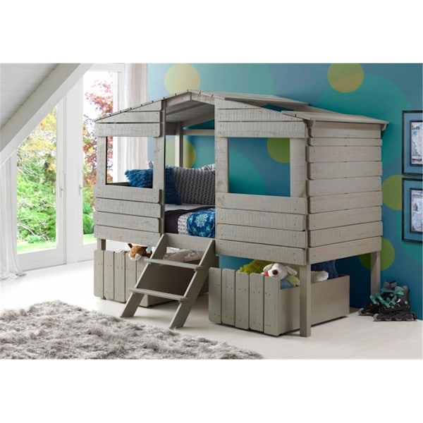 Donco Kids Twin Size Tree House Loft Bed with Under Bed Drawers, Rustic Grey - PD_1380TLRG_1381