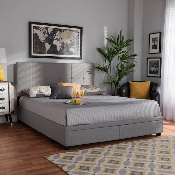 Baxton Studio Netti Light Grey Upholstered 2-Drawer King Size Platform Storage Bed - 161-10220