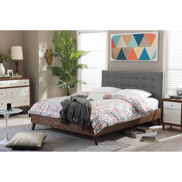Baxton Studio Alinia Grey Upholstered Walnut Wood Full Size Platform Bed - 123-6826