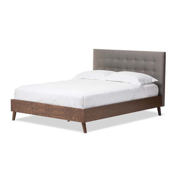 Baxton Studio Alinia Grey Upholstered Walnut Wood Full Size Platform Bed - 123-6826