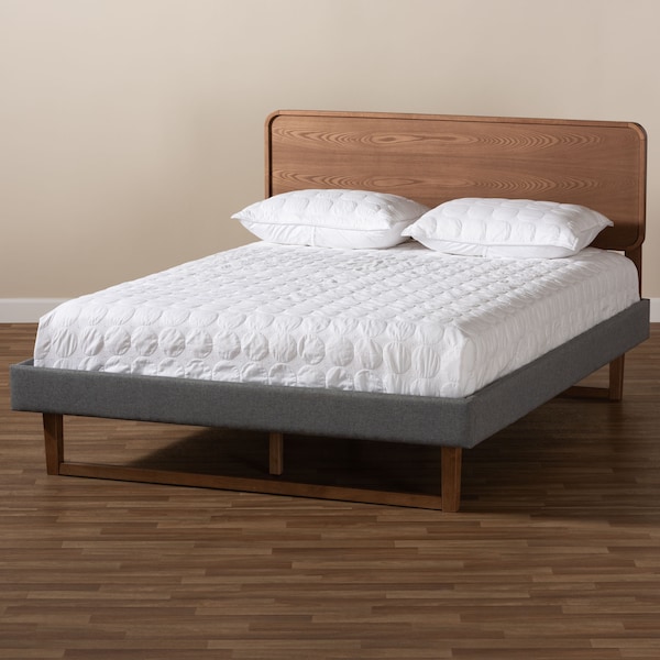Baxton Studio Ayla Grey Upholstered Walnut Finished Wood Queen Size Platform Bed - 156-9414-9429