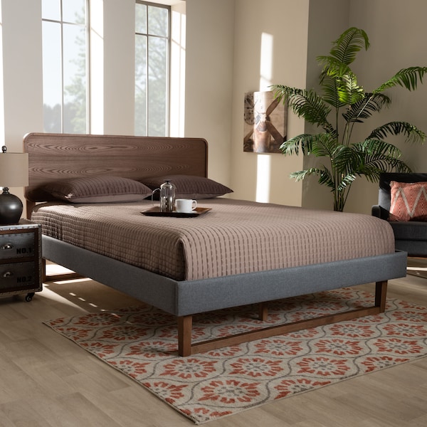 Baxton Studio Ayla Grey Upholstered Walnut Finished Wood Queen Size Platform Bed - 156-9414-9429