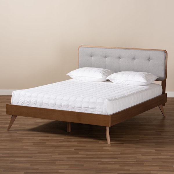 Baxton Studio Dilara Light Grey Upholstered Walnut Finished Queen Size Platform Bed - 156-9408-9441