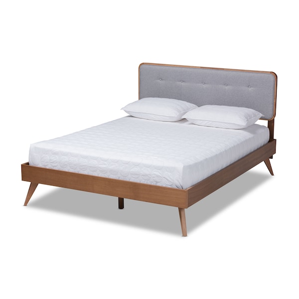 Baxton Studio Dilara Light Grey Upholstered Walnut Finished Queen Size Platform Bed - 156-9408-9441