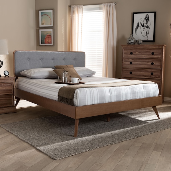 Baxton Studio Dilara Light Grey Upholstered Walnut Finished Queen Size Platform Bed - 156-9408-9441