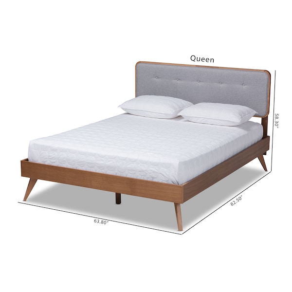 Baxton Studio Dilara Light Grey Upholstered Walnut Finished Queen Size Platform Bed - 156-9408-9441