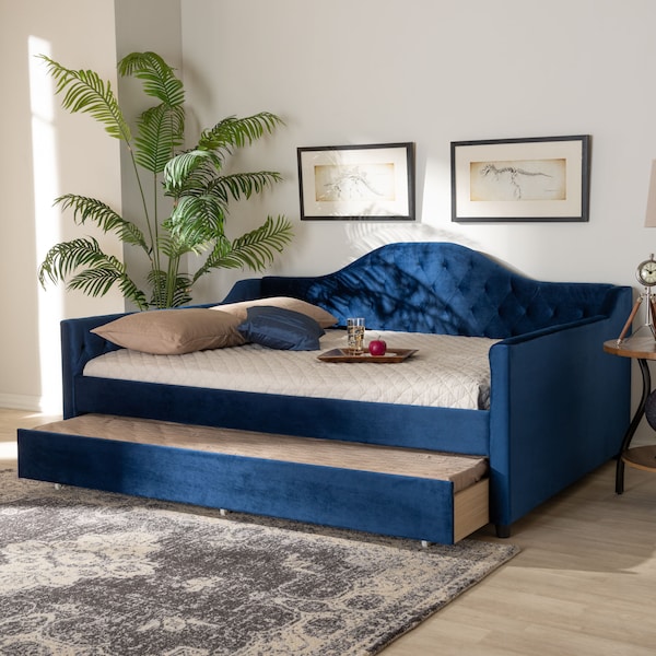 Baxton Studio Perry Blue Velvet Upholstered and Tufted Queen Size Daybed Trundle - 156-9452
