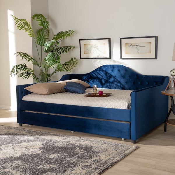 Baxton Studio Perry Blue Velvet Upholstered and Tufted Queen Size Daybed Trundle - 156-9452