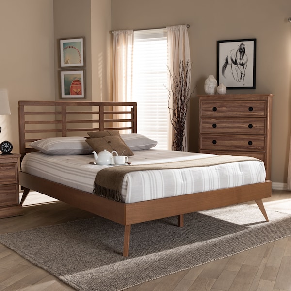 Baxton Studio Calisto Mid-Century Walnut Brown Finished Wood King Size Platform Bed - 156-9409-9424