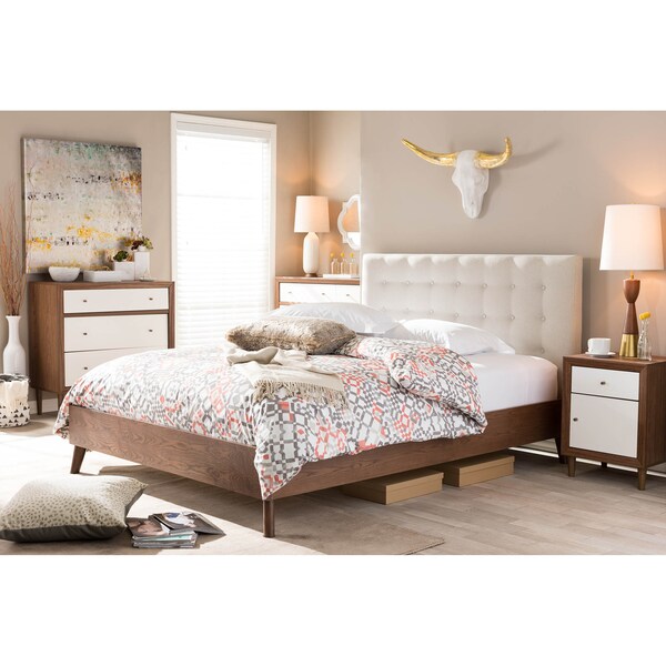 Baxton Studio Alinia Beige Upholstered Walnut Wood Queen Size Platform Bed - 123-6829