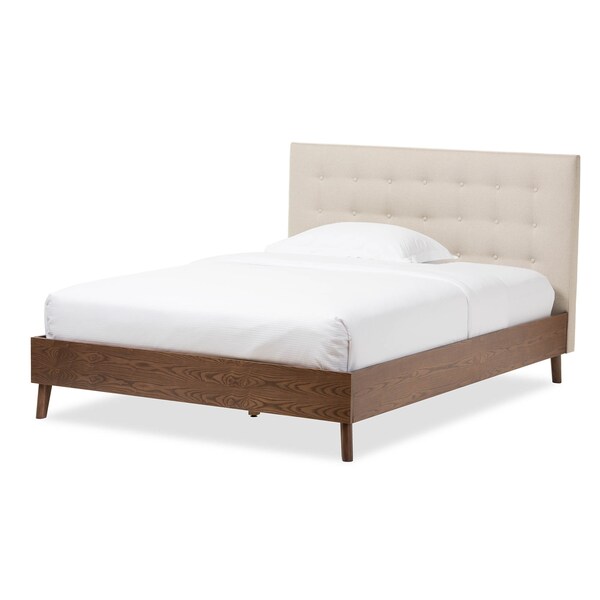 Baxton Studio Alinia Beige Upholstered Walnut Wood Queen Size Platform Bed - 123-6829