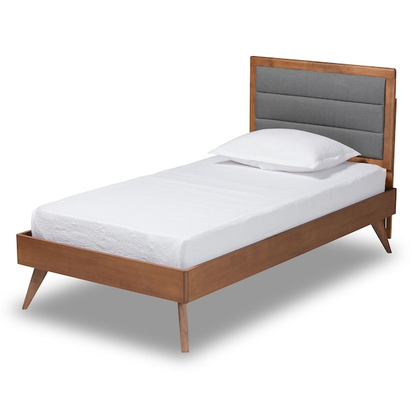 Baxton Studio Linn Mid-Century Dark Grey Fabric Upholstered and Walnut Brown Finished Wood Platform Bed-Twin - 191-11534-11159-ZORO