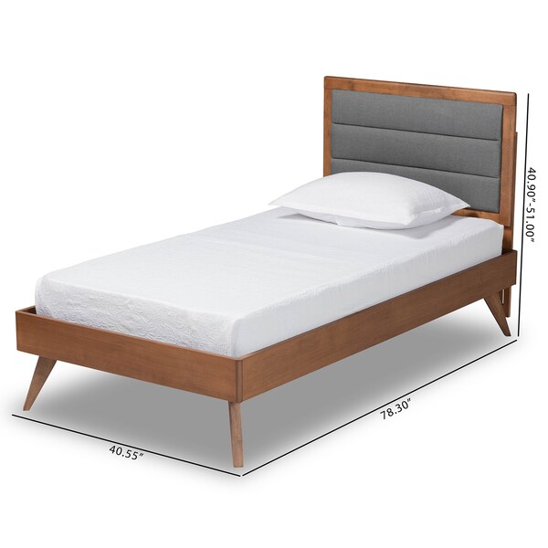 Baxton Studio Linn Mid-Century Dark Grey Fabric Upholstered and Walnut Brown Finished Wood Platform Bed-Twin - 191-11534-11159-ZORO