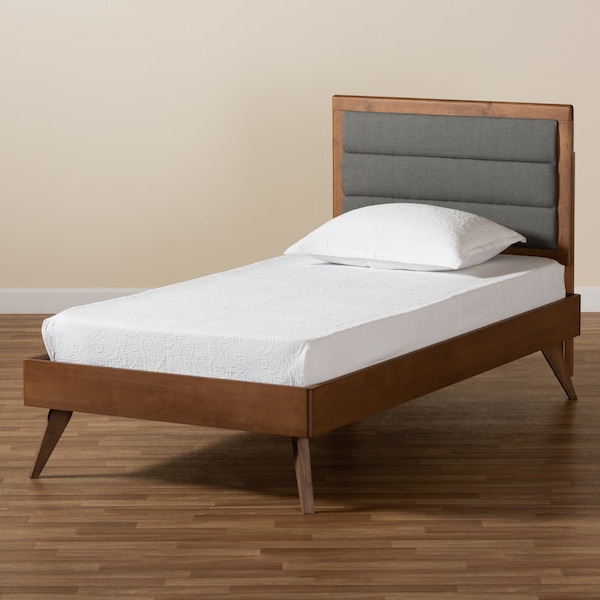 Baxton Studio Linn Mid-Century Dark Grey Fabric Upholstered and Walnut Brown Finished Wood Platform Bed-Twin - 191-11534-11159-ZORO