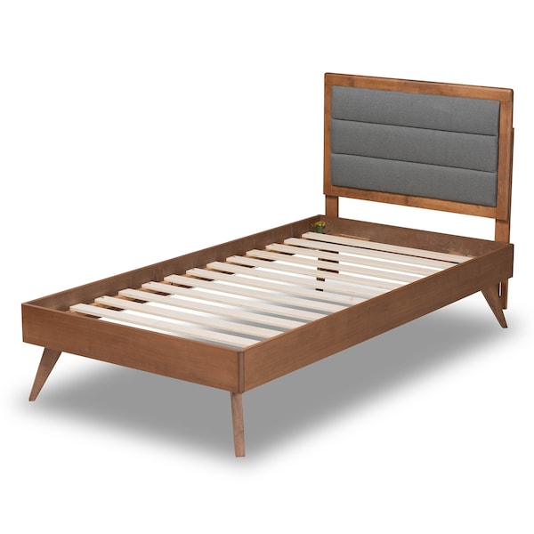 Baxton Studio Linn Mid-Century Dark Grey Fabric Upholstered and Walnut Brown Finished Wood Platform Bed-Twin - 191-11534-11159-ZORO