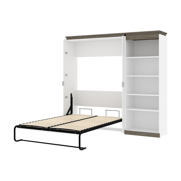 Bestar Orion Full Murphy Bed with Shelving Unit (89W), White & Walnut Grey - 116892-000017