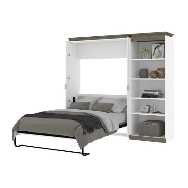 Bestar Orion Full Murphy Bed with Shelving Unit (89W), White & Walnut Grey - 116892-000017